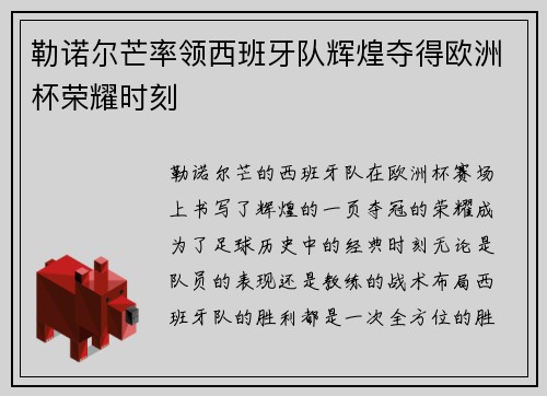勒诺尔芒率领西班牙队辉煌夺得欧洲杯荣耀时刻