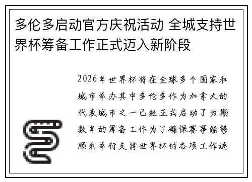 多伦多启动官方庆祝活动 全城支持世界杯筹备工作正式迈入新阶段