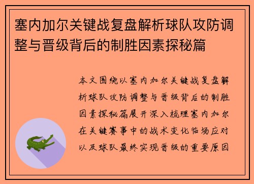 塞内加尔关键战复盘解析球队攻防调整与晋级背后的制胜因素探秘篇
